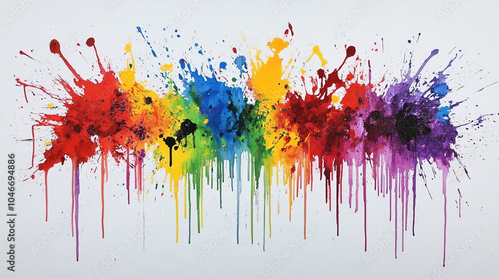 Fototapeta premium Colorful paint splashes creating a vibrant spectrum on white background.