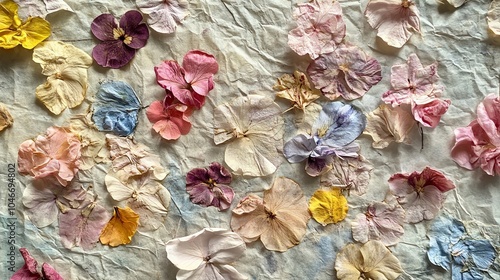 Colorful pressed flowers arranged on vintage paper background, showcasing natural beauty and delicate details. photo