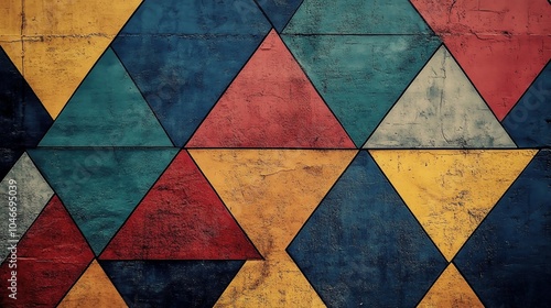 Colorful geometric pattern with triangles in varied hues on a textured surface. photo