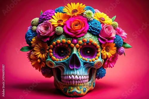 Skull Decorated with Flowers on Pink Background