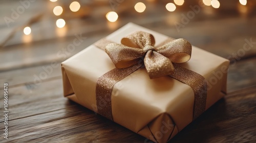 A beautifully wrapped gift box with a golden ribbon on a wooden table, surrounded by soft, glowing lights.