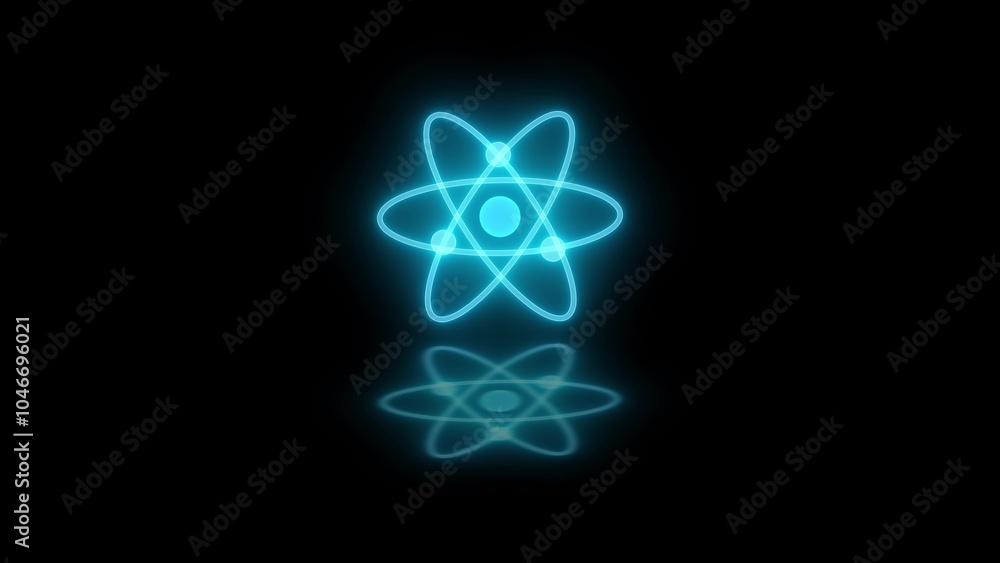 Neon glowing 3d atom loopable cyan color in black background Neon glowing 3d atom loopable cyan color in black background
