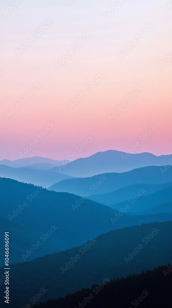 The mountains are covered in blue and purple hues, creating a serene The mountains are covered in blue and purple hues, creating a serene