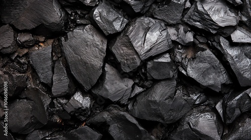 Close-up of textured black coal stones on a dark surface, highlighting their natural features. photo