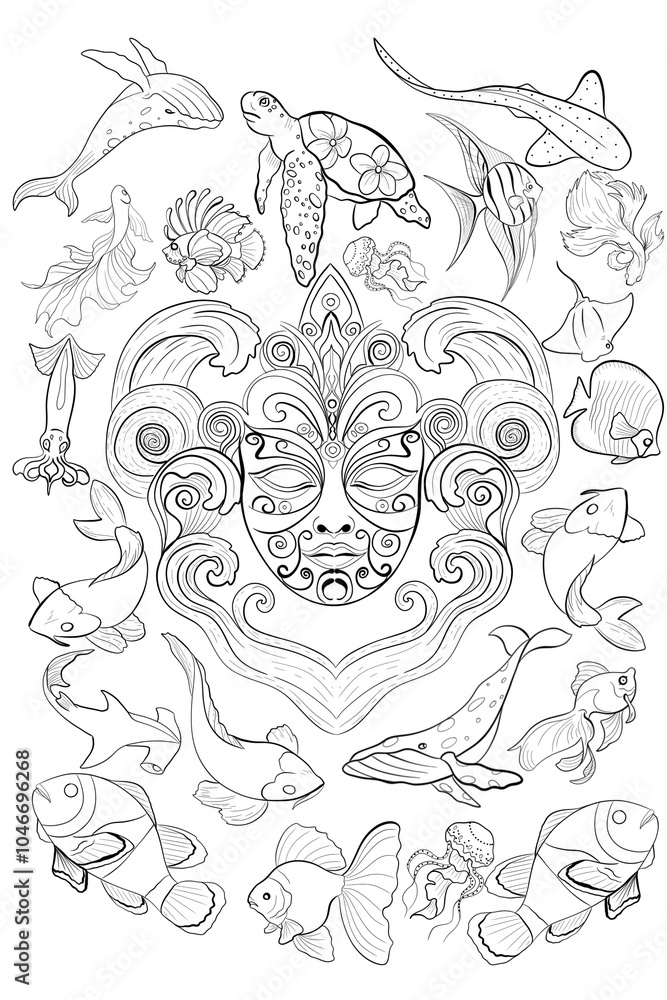 Colouring_Page_With_Mask,_Fish_And_Jellyfish_ Colouring_Page_With_Mask,_Fish_And_Jellyfish_
