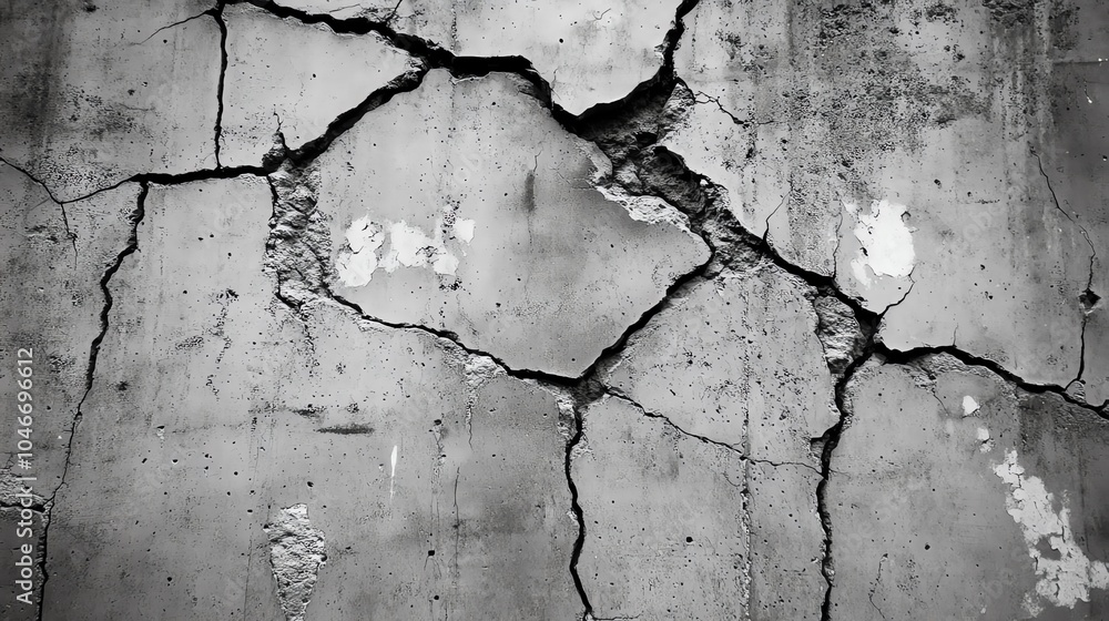 Fototapeta premium Close-up of cracked concrete wall texture in monochrome, ideal for abstract backgrounds.
