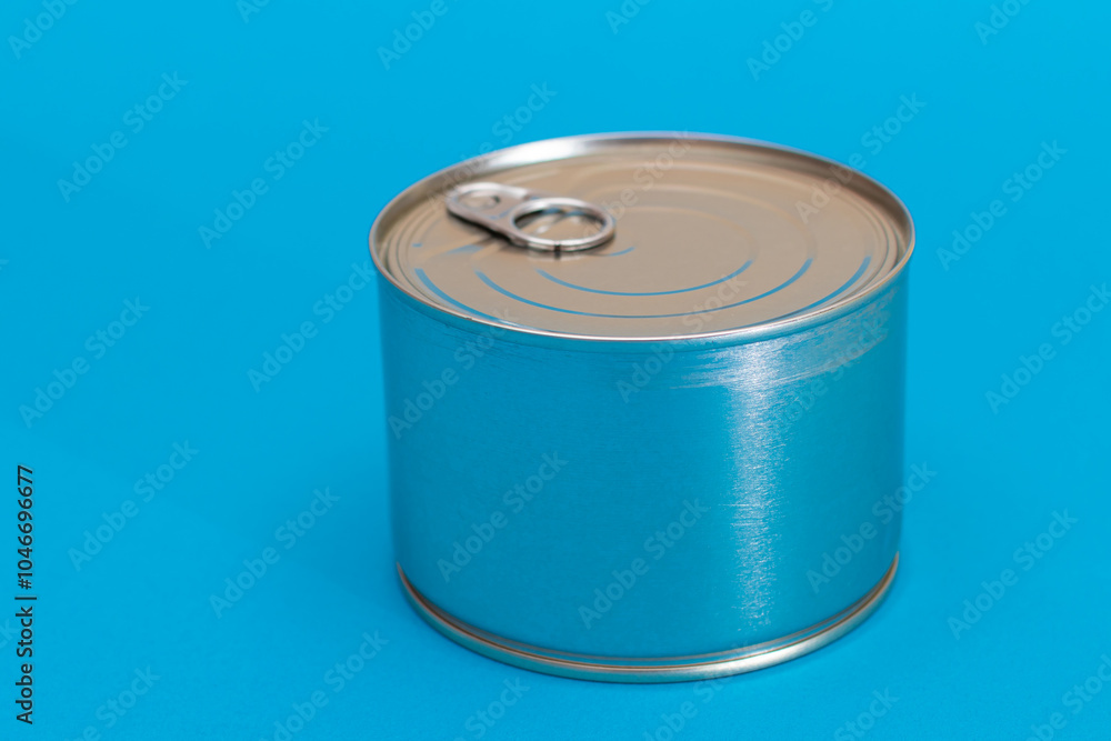 Tin Can on Blue Background. Canned Food. Aluminum Can for Safe and Long Term Storage of Food. Steel Sealed Food Storage Container Tin Can on Blue Background. Canned Food. Aluminum Can for Safe and Long Term Storage of Food. Steel Sealed Food Storage Container