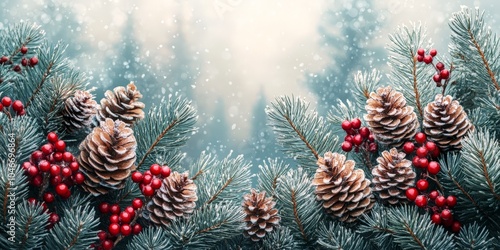 Festive Christmas banner with fir branches and red berries, space for text