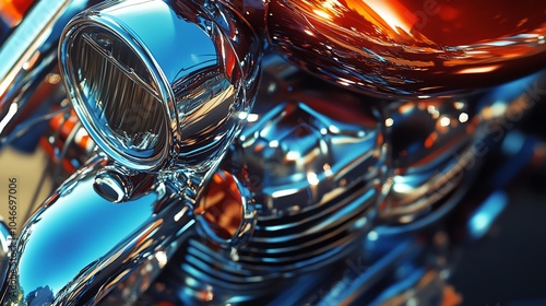 Close-up detail of a shiny motorcycle with chrome and orange elements on a clear background.