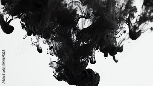 Black ink swirling in water, creating abstract patterns on a white isolated background. photo