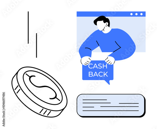 Man holding cash back sign, surrounded by coin and chat box, vector style. Ideal for finance, online shopping, rewards programs, customer engagement, and digital marketing themes. Simple modern