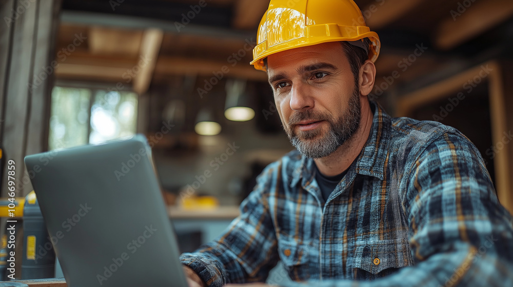 Dedicated hardworking architect standing in building in construction process and using laptop for improving blueprints. Dedicated hardworking architect standing in building in construction process and using laptop for improving blueprints.