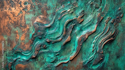 Abstract textured surface with flowing patterns in shades of green and copper, perfect for artistic backgrounds.