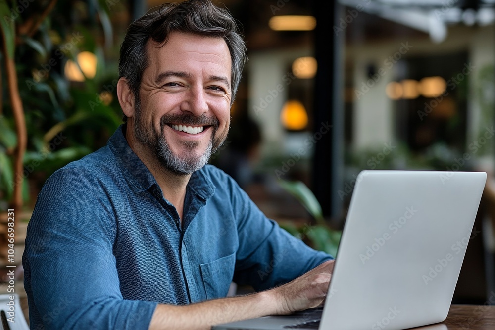 Smiling web designer at a cafe with laptop, natural light and bokeh effect Smiling web designer at a cafe with laptop, natural light and bokeh effect
