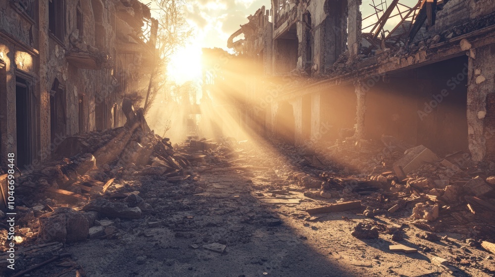 Fototapeta premium A sunlit street in a devastated urban landscape, highlighting destruction and resilience.