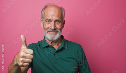 Senior man with cheerful expression giving thumbs up against pink background with copy space