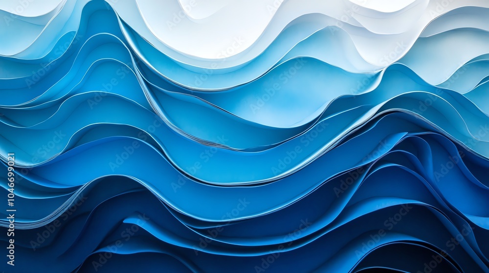 Fototapeta premium Abstract blue waves, layered paper texture, soft hues on white background.