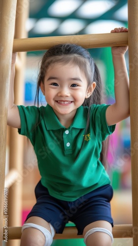 Cheerful young girl with a bright smile happily climbing on playground equipment in a colorful nature filled outdoor setting exuding joy energy and a sense of carefree childhood and adventure