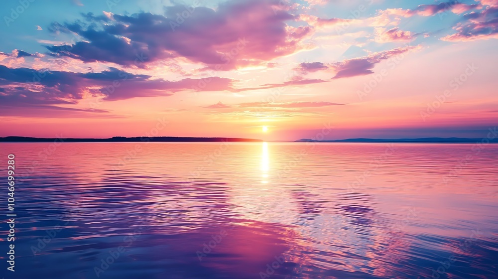 A vibrant sunset over calm waters, colorful sky with shades of pink, purple, and blue reflecting on the surface. A vibrant sunset over calm waters, colorful sky with shades of pink, purple, and blue reflecting on the surface.