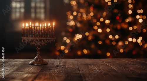 Close up view of a traditional Hanukkah menorah with glowing candles displayed on a wooden table  The menorah is the symbol of the Jewish holiday of Hanukkah photo