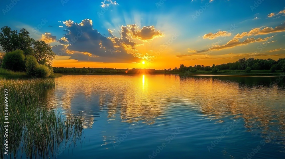 Fototapeta premium A stunning sunset over a tranquil lake surrounded by lush greenery, reflecting vibrant colors in the water.