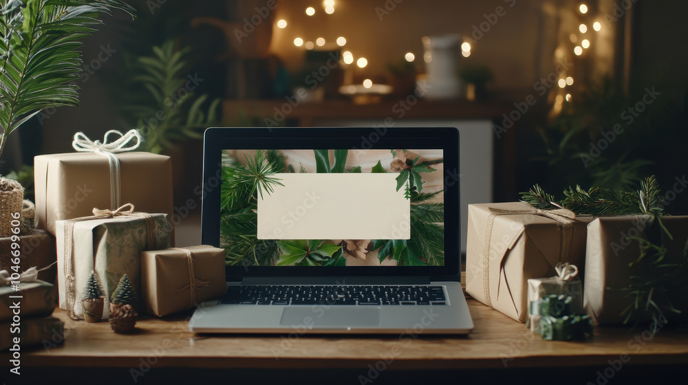 Fototapeta premium Cozy holiday workspace with laptop gift boxes and festive on a wooden desk Minimal flat lay composition with copy space for digital content or e commerce product display