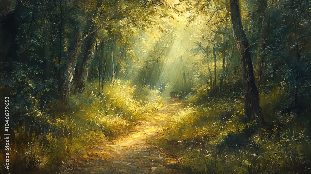 A serene forest path illuminated by soft sunlight filtering through lush green trees. A serene forest path illuminated by soft sunlight filtering through lush green trees.