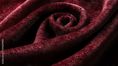 A close-up of luxurious burgundy velvet fabric rolled in a spiral pattern, showcasing its rich texture and color. photo