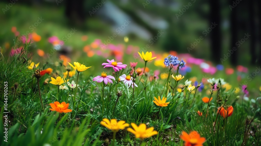Vibrant wildflowers blooming in a lush green meadow under soft light. Vibrant wildflowers blooming in a lush green meadow under soft light.