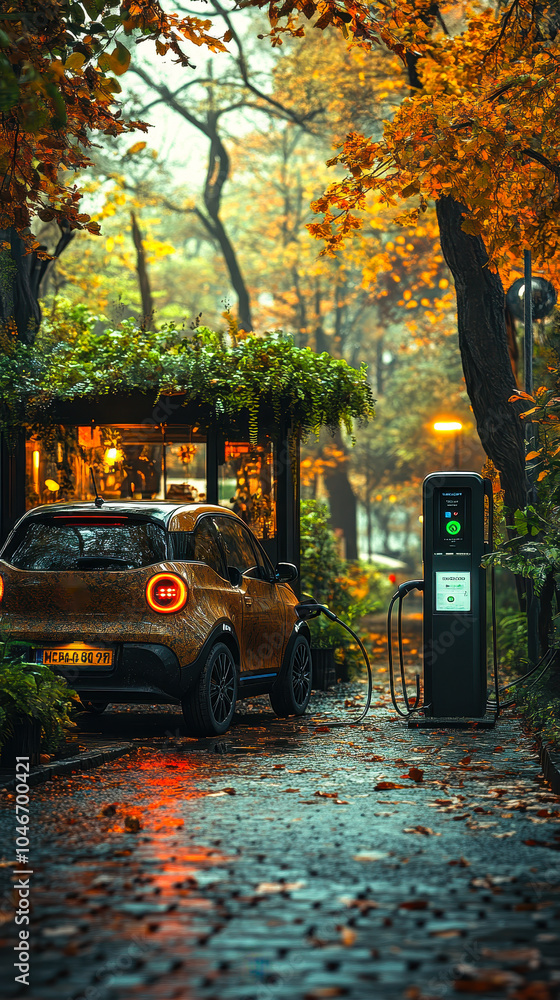Obraz premium Electric Car Charging in Idyllic Forest Setting Emphasizing Eco-Friendly Transportation