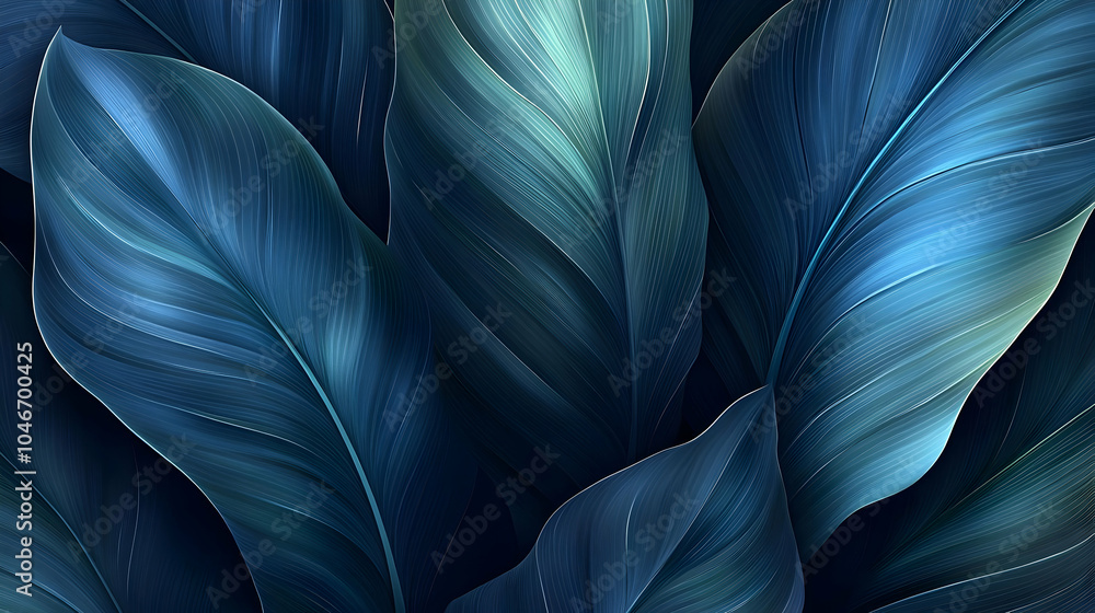 Deep Blue Tropical Leaves with Green Edges Deep Blue Tropical Leaves with Green Edges