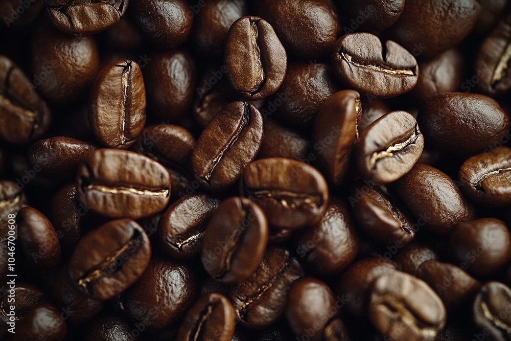 Hyper-realistic close-up of coffee beans with vivid colors and high definition detail, top view. Hyper-realistic close-up of coffee beans with vivid colors and high definition detail, top view.