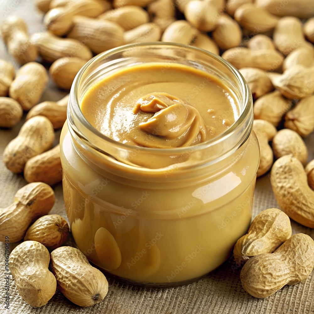 peanut butter in a glass jar, with peanuts in the foreground
peanut butter in a glass jar, with peanuts in the foreground