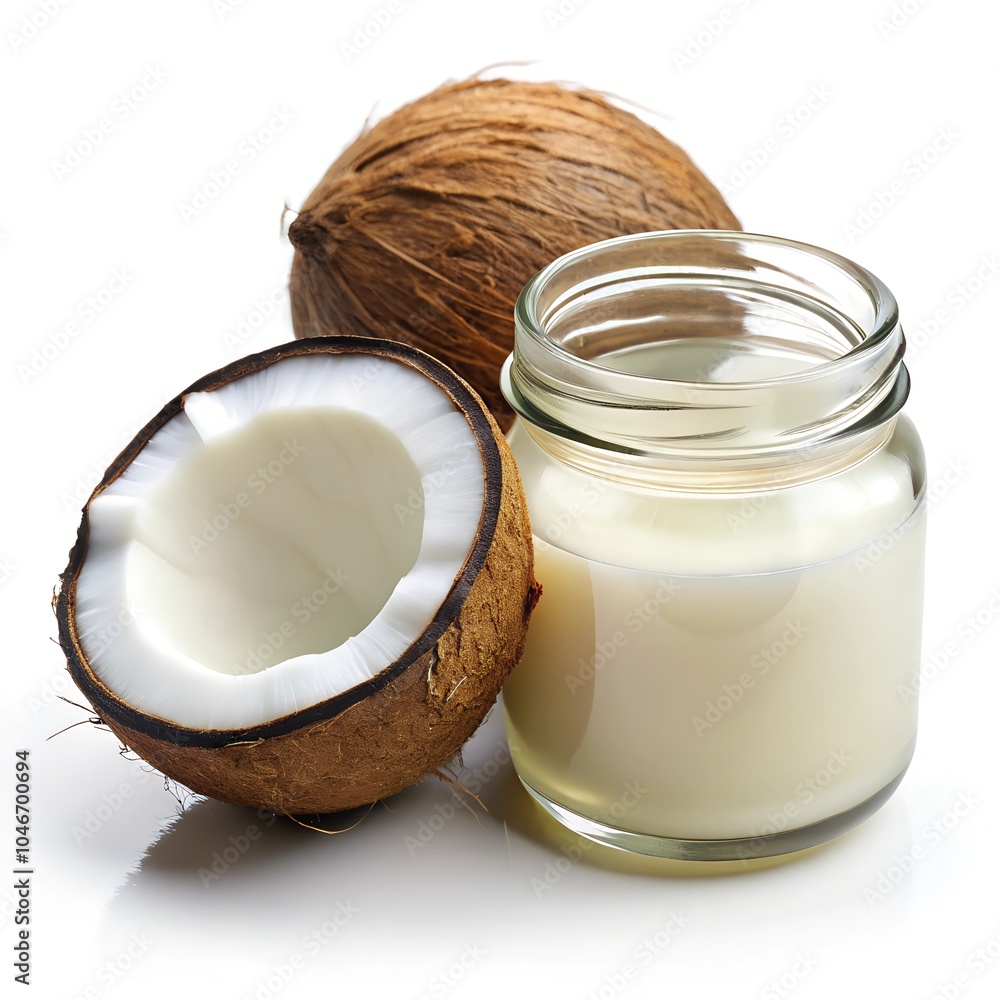 coconut oil in a glass jar, half a coconut lies nearby, everything is isolated on a white background
coconut oil in a glass jar, half a coconut lies nearby, everything is isolated on a white background