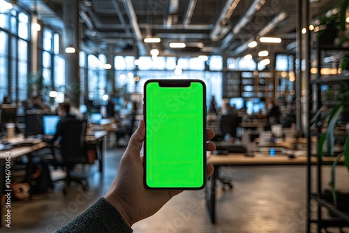 Wallpaper Mural Phone with green screen held up during a video call in a busy office Torontodigital.ca