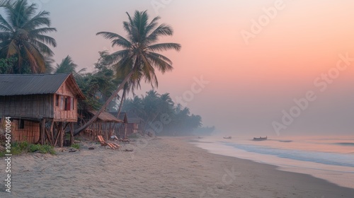 Tropical Beach Hut Sunrise Landscape with Palm Trees and Boats