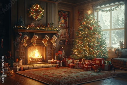 Glowing Christmas fireplace and living room, with tree, and stockings hanging from mantel by fireplace.Waiting for Santa.