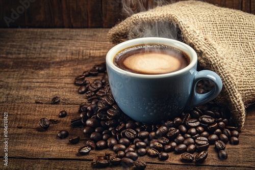 Steaming cup of coffee on rustic wooden table with scattered beans and burlap sack background.
