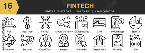 Fintech icon set. Editable Stroke Icon Collection. Includes biometric, card, cloud tech, digital bank, digital wallet, and More. Outline icons vector collection.