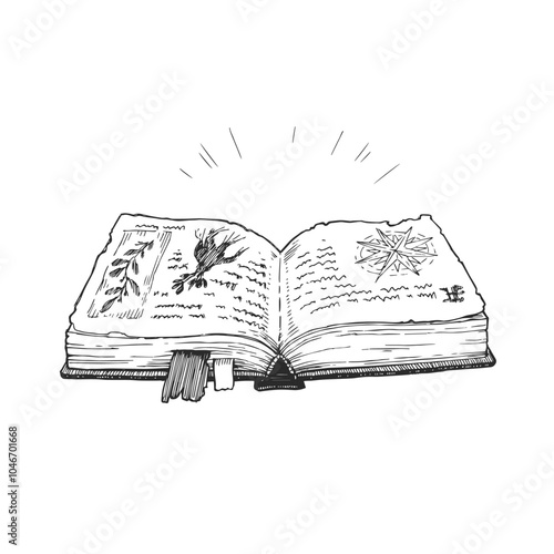Vector vintage hand-drawn illustration of spell book in engraving style. Black and white sketch of magic props.
