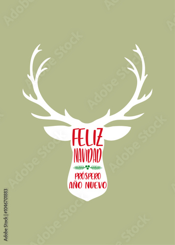 Banner vertical con mensaje en texto manuscrito Feliz Navidad y Próspero Año Nuevo en español en silueta de cabeza del reno Rudolph o de ciervo photo