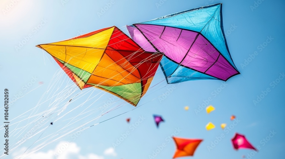 Colorful Kites Flying High in Blue Sky Summer Fun Outdoor Activity Colorful Kites Flying High in Blue Sky Summer Fun Outdoor Activity