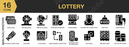 Lottery solid icon set. Includes ticket, spinning, raffle drum, lucky number, scanner, and More. Solid icons vector collection.