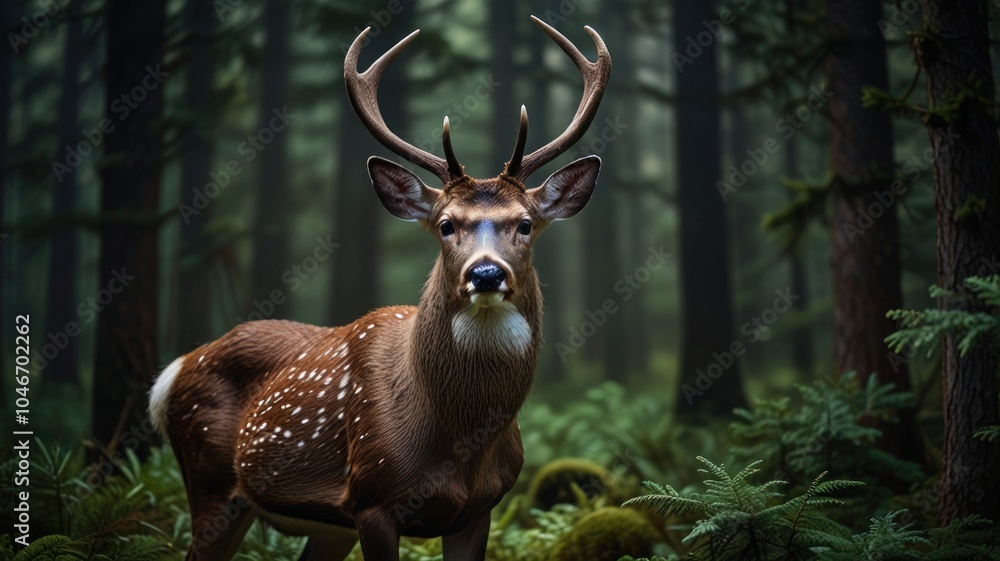 A majestic deer with large antlers stands in a dense, misty forest, its gaze fixed on the viewer. A majestic deer with large antlers stands in a dense, misty forest, its gaze fixed on the viewer.
