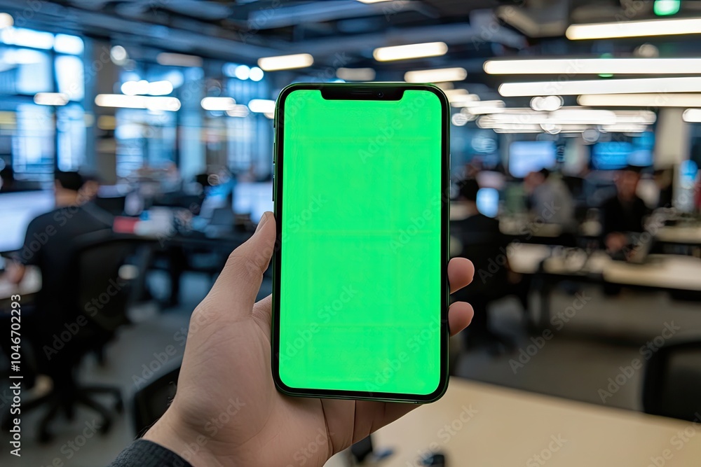 Phone with green screen held up during a video call in a busy office Phone with green screen held up during a video call in a busy office