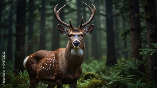 A majestic deer with large antlers stands in a dense, misty forest, its gaze fixed on the viewer.