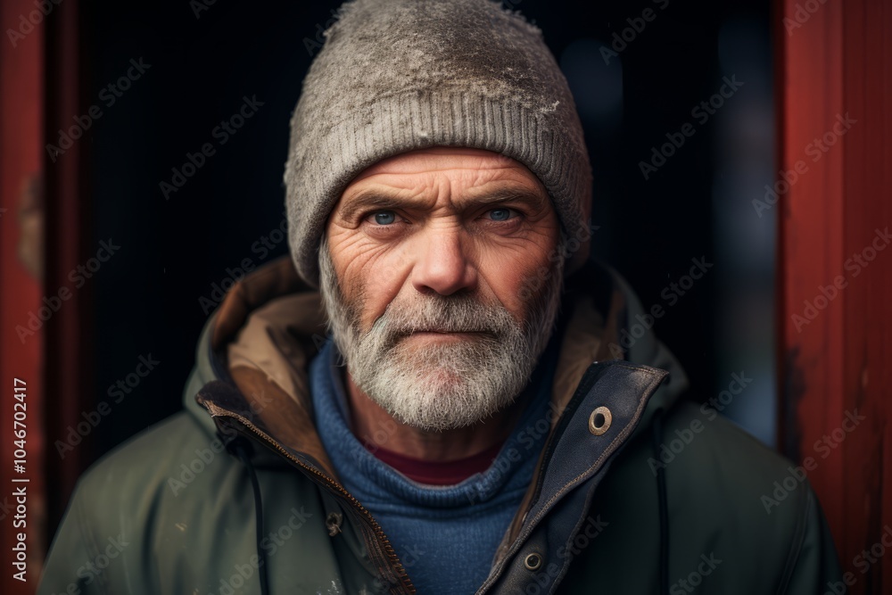 Portrait of an elderly man with gray beard in a warm hat. Portrait of an elderly man with gray beard in a warm hat.