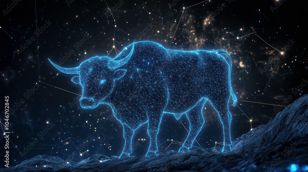 A glowing blue bull constellation against a starry night sky with connected lines forming a celestial map. A glowing blue bull constellation against a starry night sky with connected lines forming a celestial map.