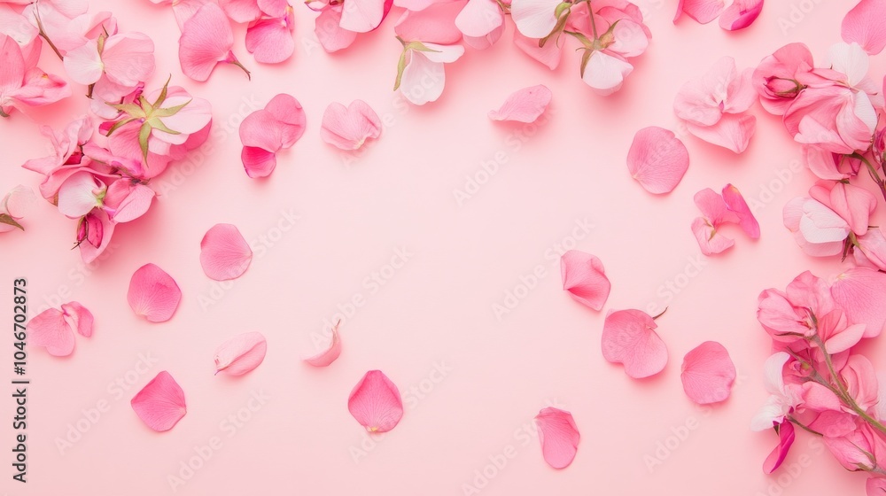 Photo of, Pink background with scattered petals for design, banner template Photo of, Pink background with scattered petals for design, banner template