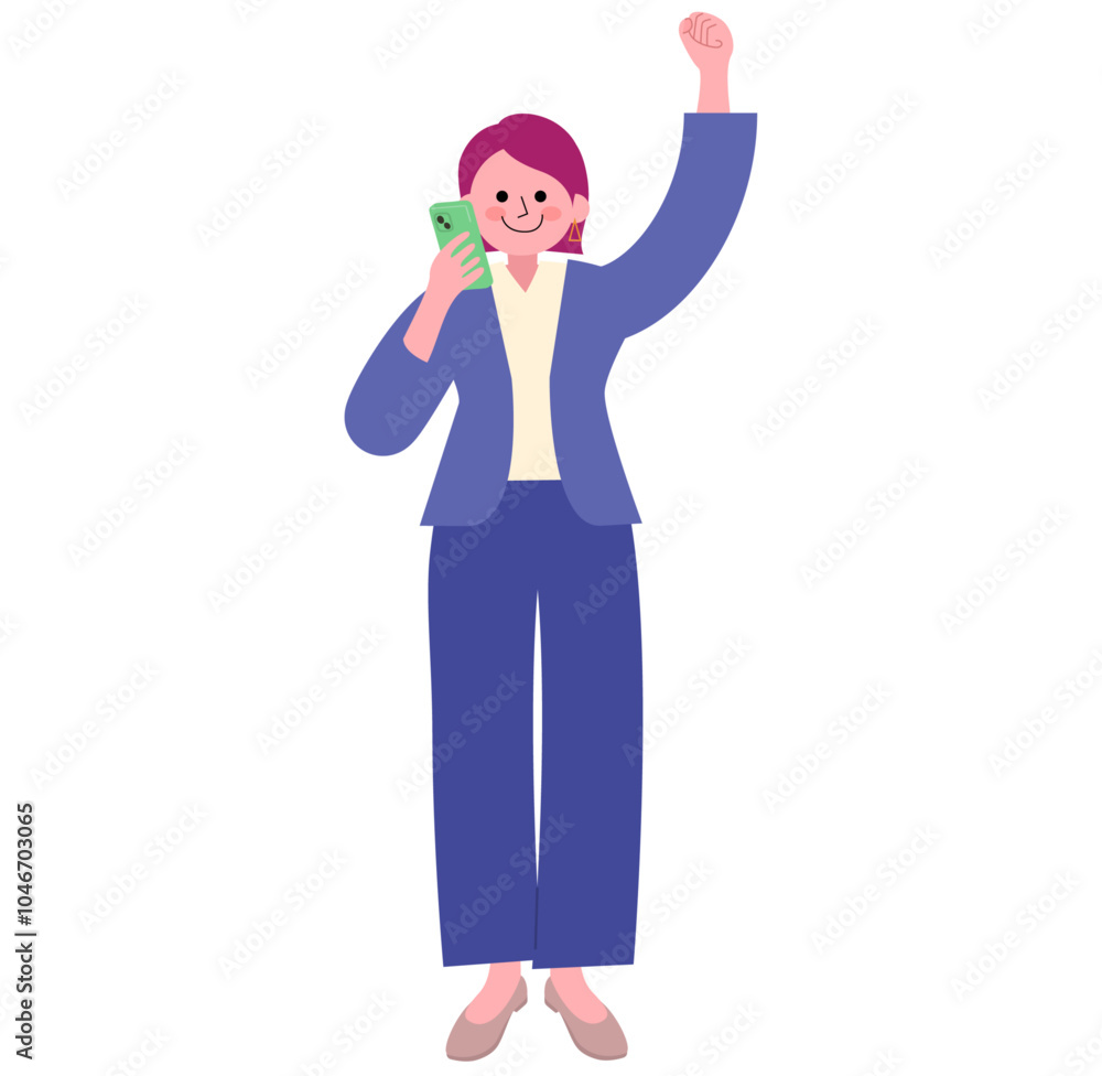 パンツスーツを着てパンプスを履いた女性がスマホで通話しながら拳を突き上げている全身のイラスト パンツスーツを着てパンプスを履いた女性がスマホで通話しながら拳を突き上げている全身のイラスト